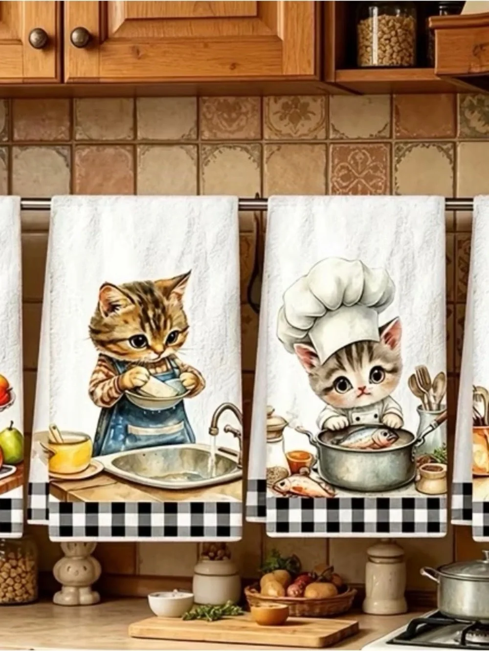 4 Pcs Cute Kitten Chef Kitchen Towels Black White Buffalo Check Decorative Hand